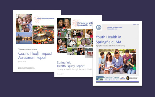 covers of three phiwm reports: Casino Health Impact Assessment, Springfield Health Equity Report, and Youth Health in Springfield