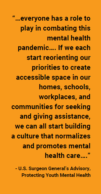 “…everyone has a role to play in combating this mental health pandemic…. If we each start reorienting our priorities to create accessible space in our homes, schools, workplaces, and communities for seeking and giving assistance, we can all start building