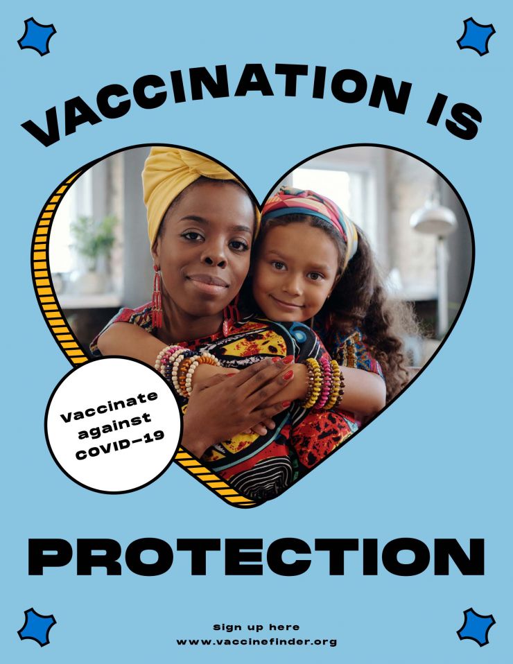 Vaccination is Protection. Image of mother and child in shape of heart. Vaccinate against COVID-19.